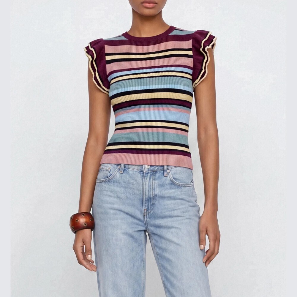 Multicolor Striped Ribbed Knit Ruffle Sleeve Top - Picture 3 of 9
